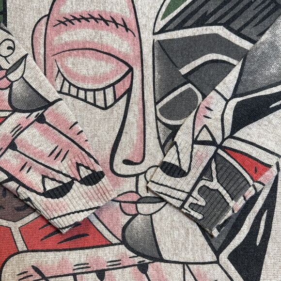 Shana Sweater Medium Abstract Face Print Art Pullover Drop Shoulder Taupe Multi - Picture 5 of 13